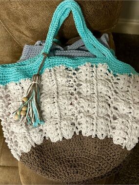 Crochet Colorblock Tote in Aqua, White & Brown